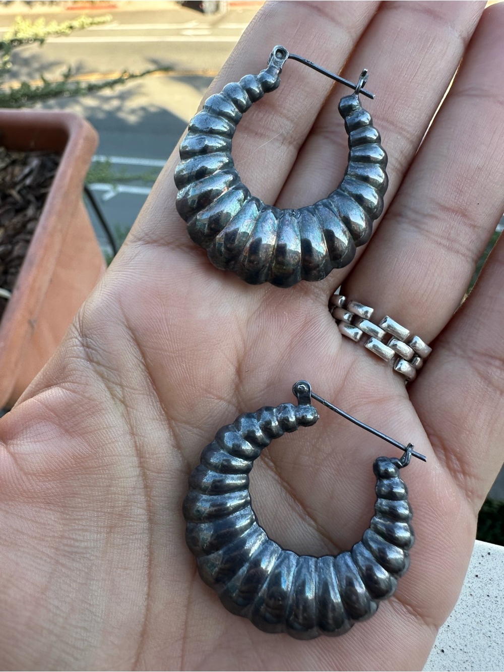 Sterling Silver Ribbed Hoop Earrings - Blackened Finish - Picture 3 of 5